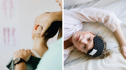 Depicting a woman with neck pain and then the same woman struggling to sleep because of it